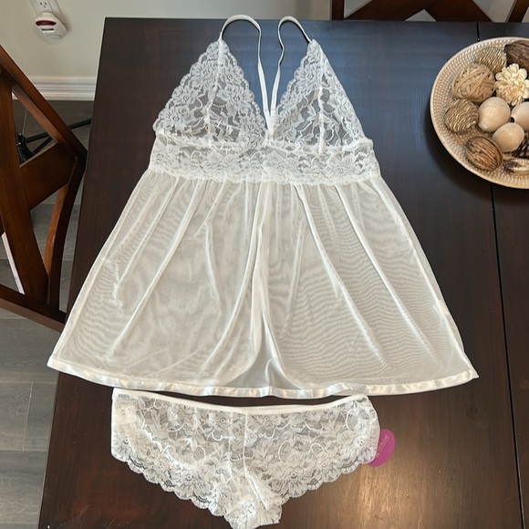 Avidlove White V-Neck Lace Mesh Teddy BabyDoll Open Back w/ Panty Lingerie NWT - Picture 6 of 13